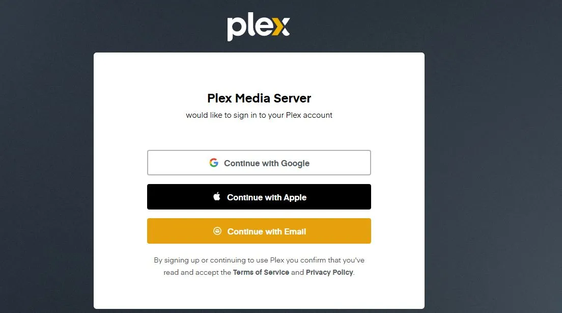 Trang đăng ký hoặc đăng nhập tài khoản Plex, là bước đầu tiên để thiết lập máy chủ media.