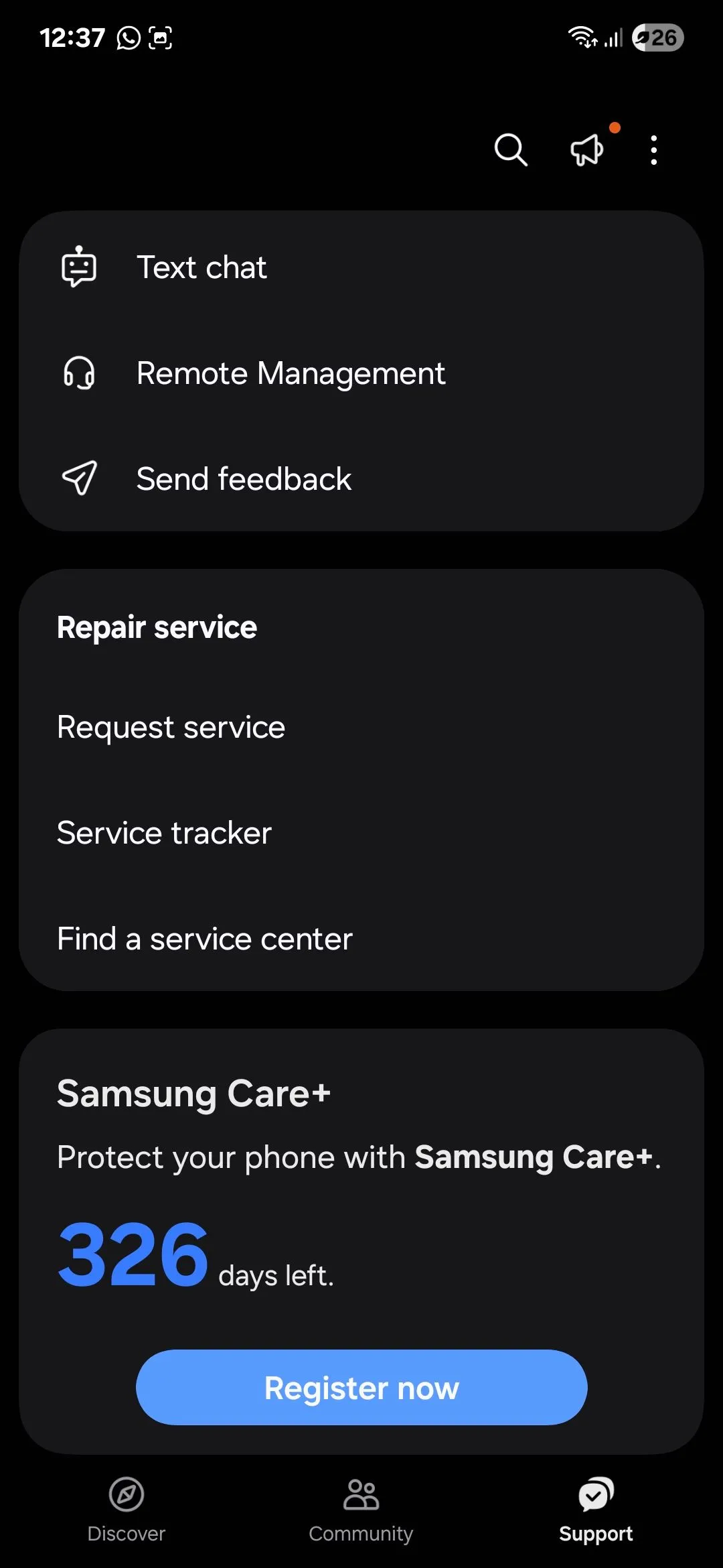 Trang hỗ trợ của ứng dụng Samsung Members với các tùy chọn trợ giúp và chẩn đoán