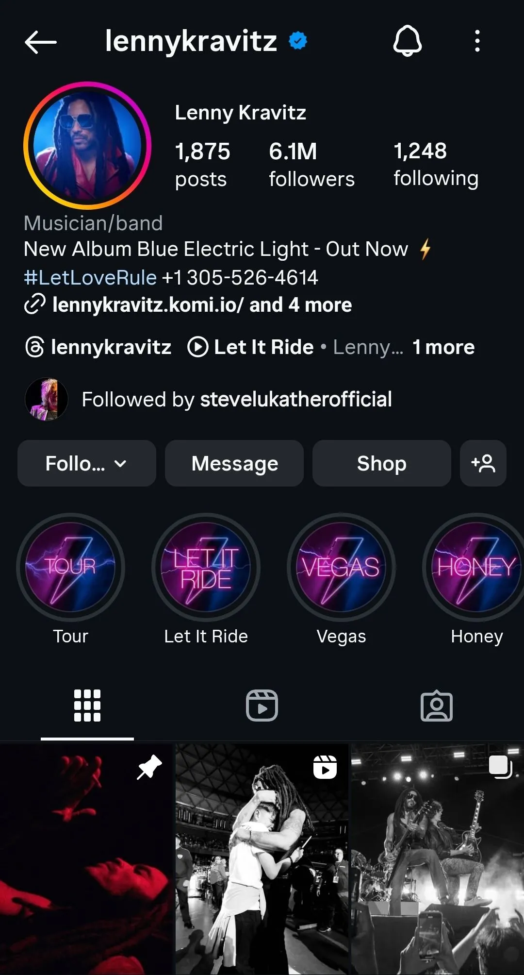 Trang Instagram chính thức của nghệ sĩ Lenny Kravitz, minh chứng cho sự hiện diện trực tuyến của một nhạc sĩ thực thụ.