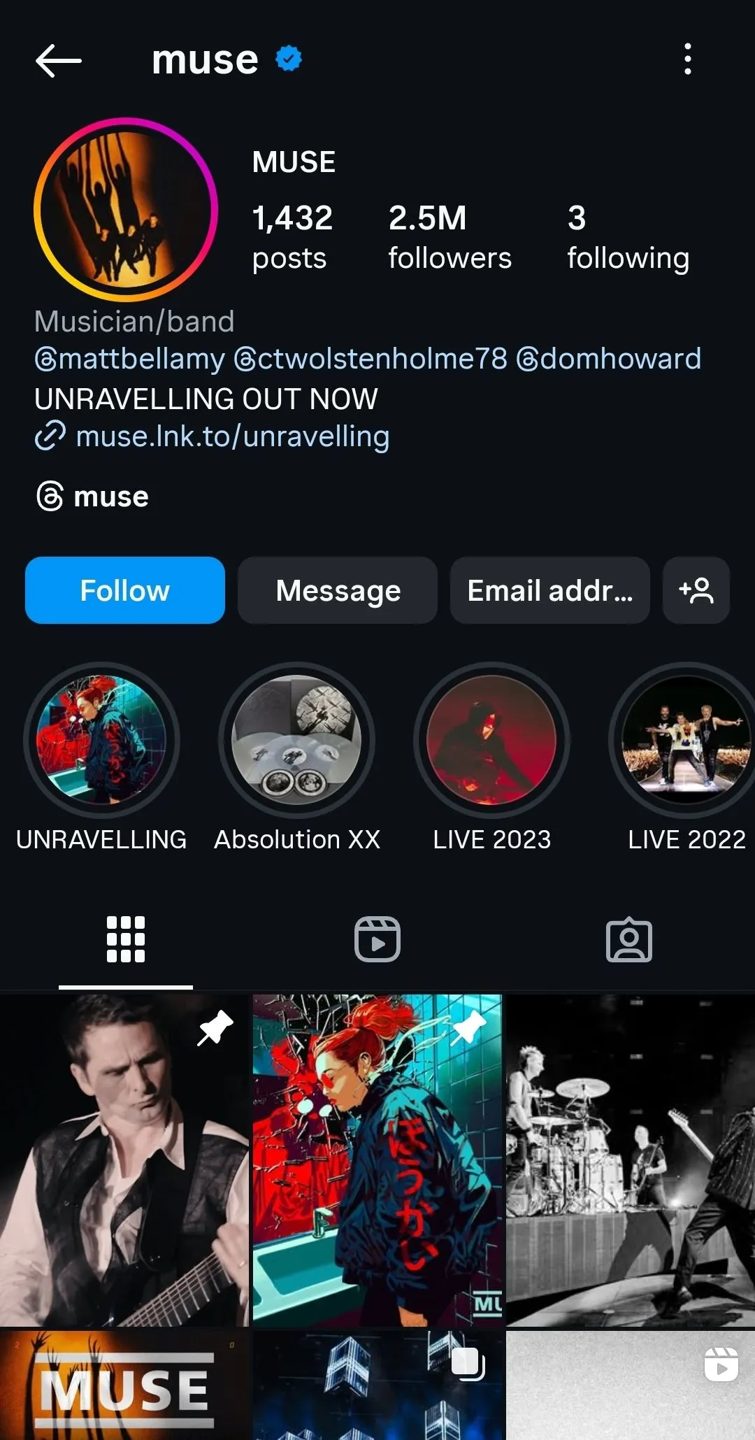 Trang Instagram của ban nhạc Muse, minh họa cách các nhóm nhạc tương tác với người hâm mộ và xây dựng thương hiệu.