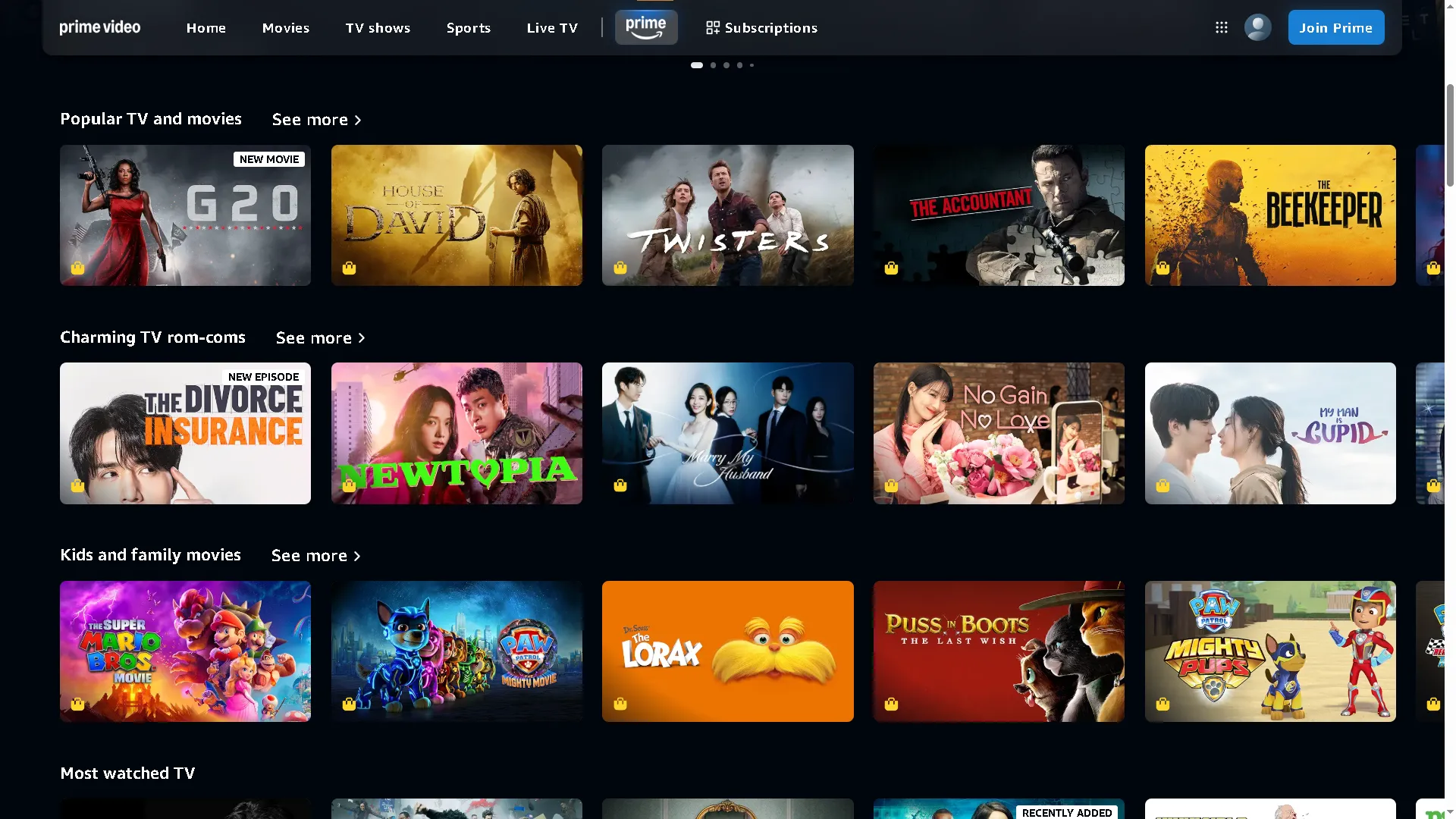 Trang &quot;Prime&quot; trên giao diện Amazon Prime Video, hiển thị hàng loạt bộ phim có sẵn trong gói đăng ký Prime, thay thế cho tính năng &quot;Free To Me&quot; trước đây.