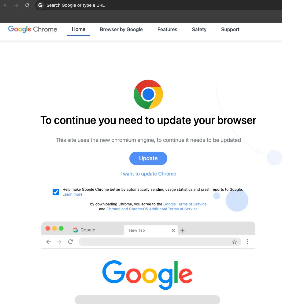 Trang thông báo cập nhật Google Chrome giả mạo với nút cập nhật màu xanh.