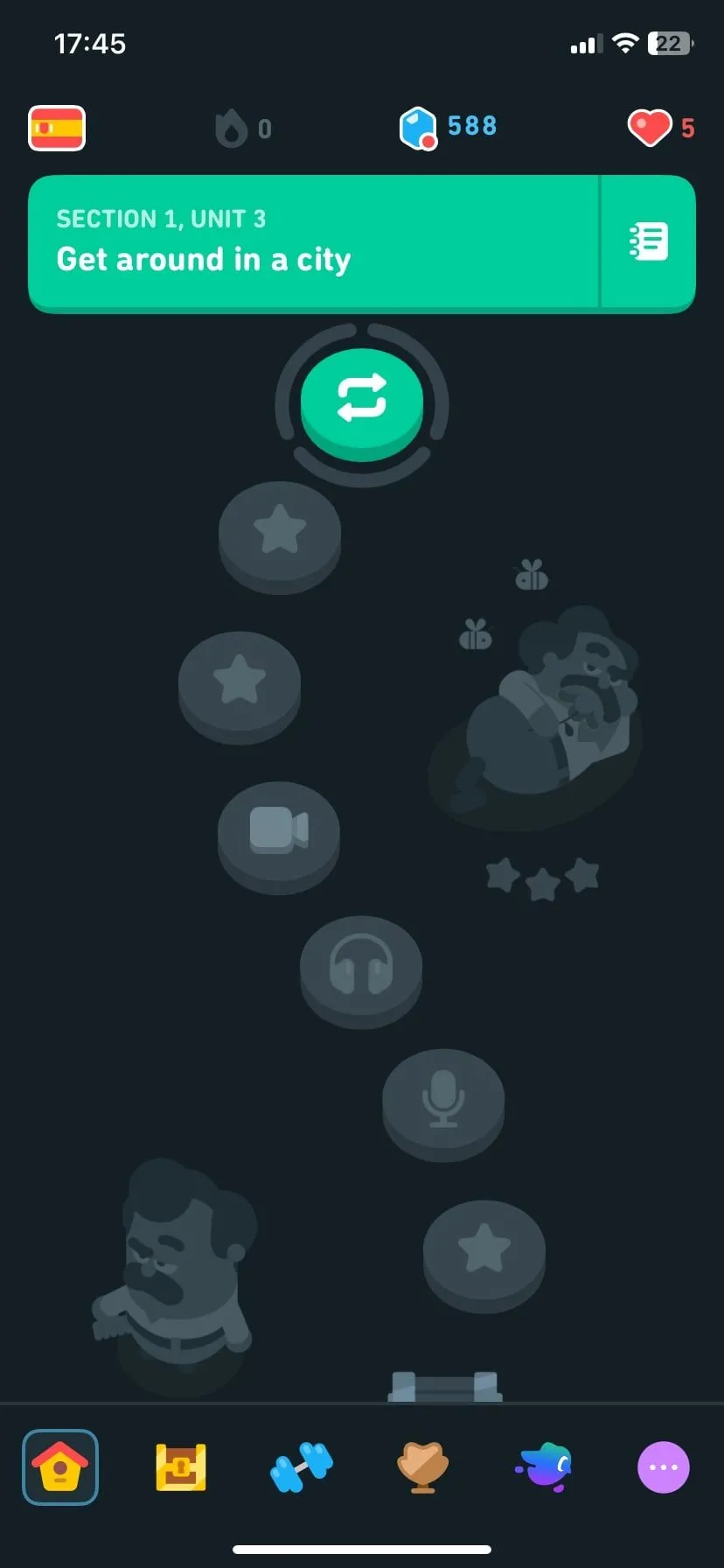 Trang tiến độ bài học của Duolingo, hiển thị các đơn vị ngôn ngữ đã hoàn thành