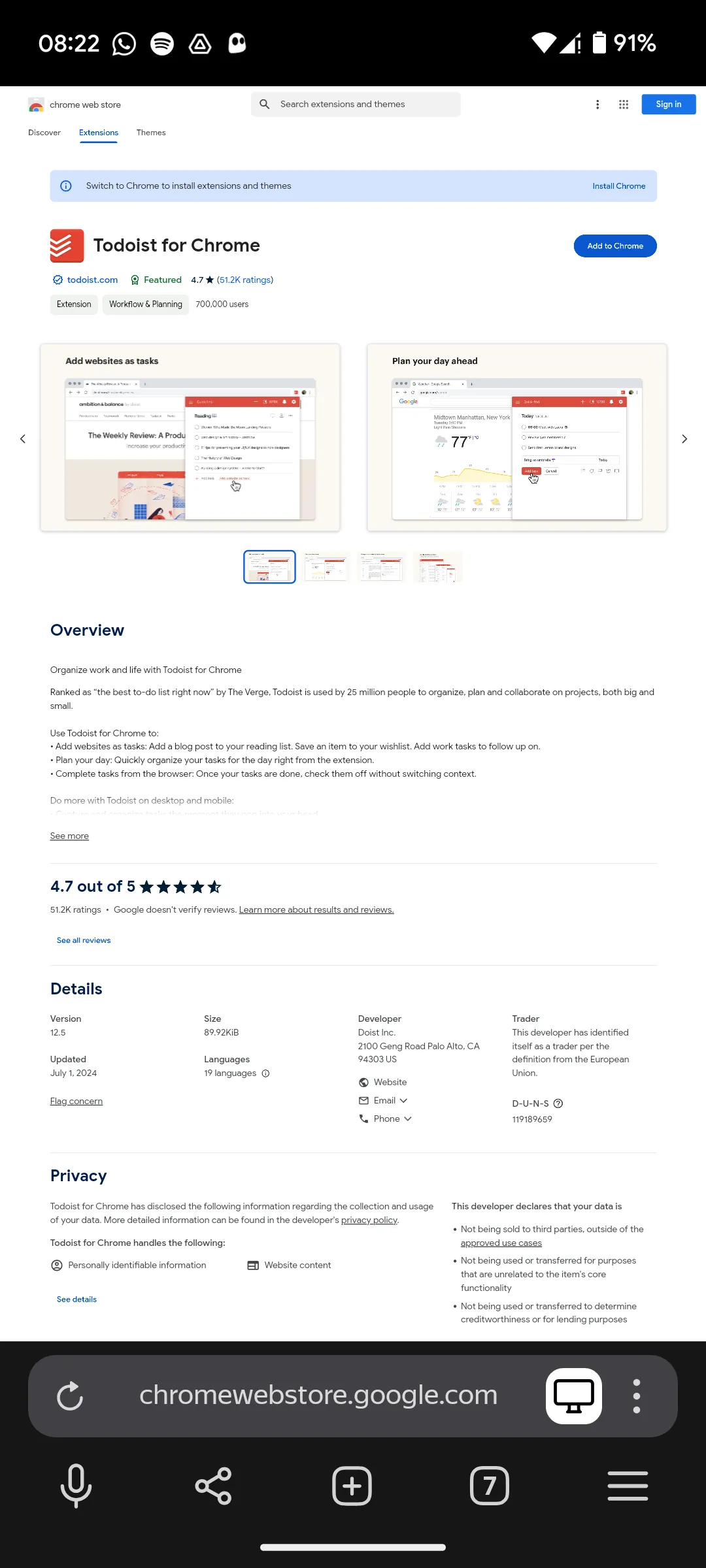 Trang tiện ích Todoist trên Chrome Web Store hiển thị trong Yandex Browser Android.