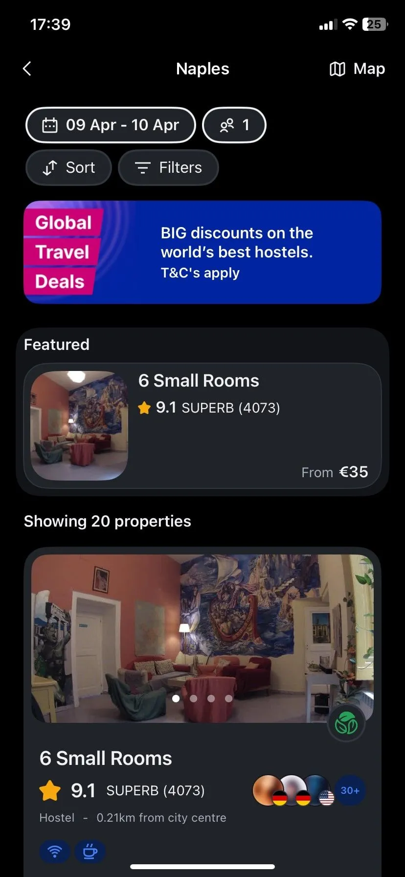 Trang tìm kiếm nhà nghỉ trên ứng dụng Hostelworld