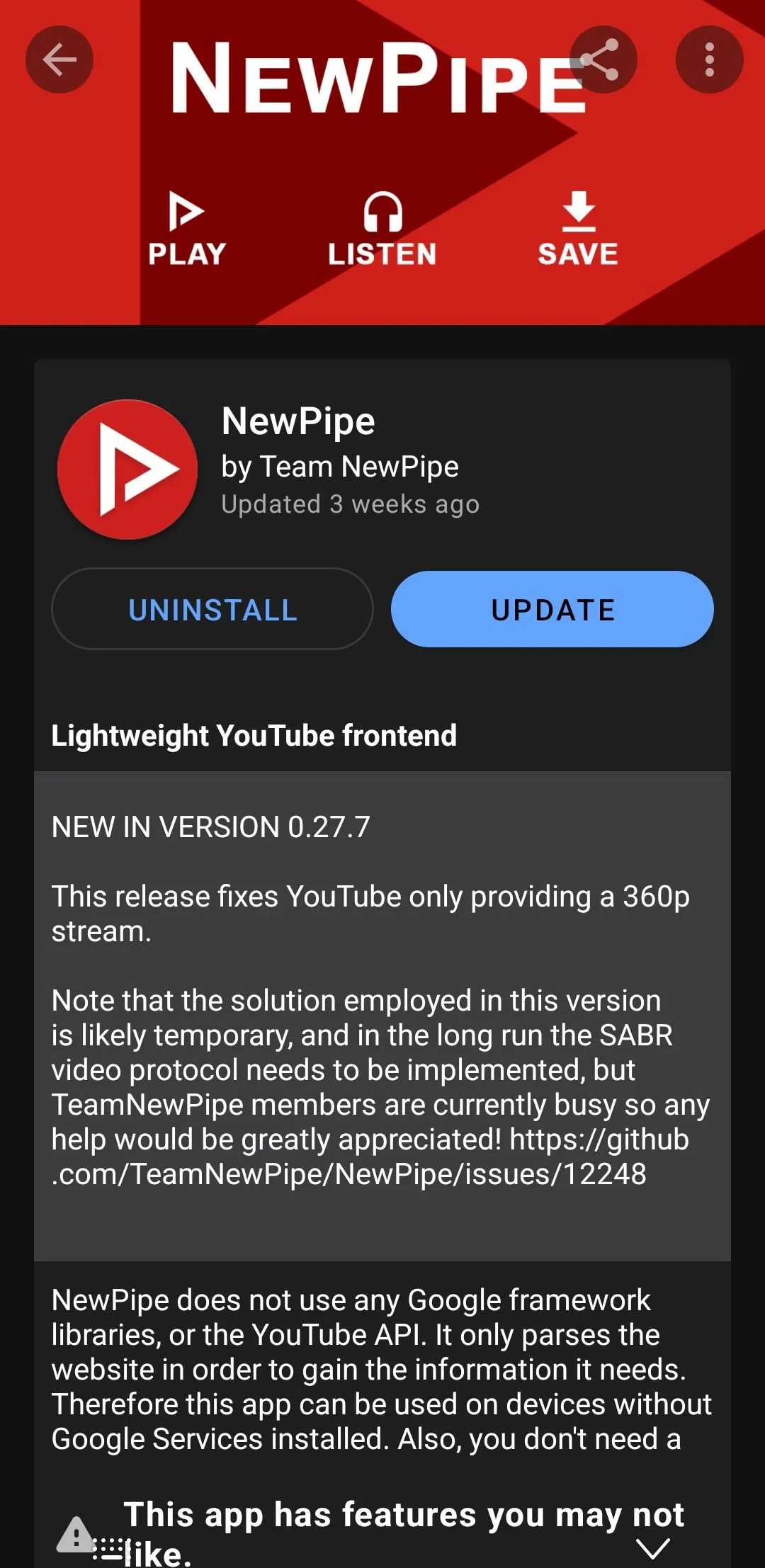 Trang ứng dụng NewPipe trên F-Droid trên điện thoại Android, hiển thị thông tin về ứng dụng mã nguồn mở.