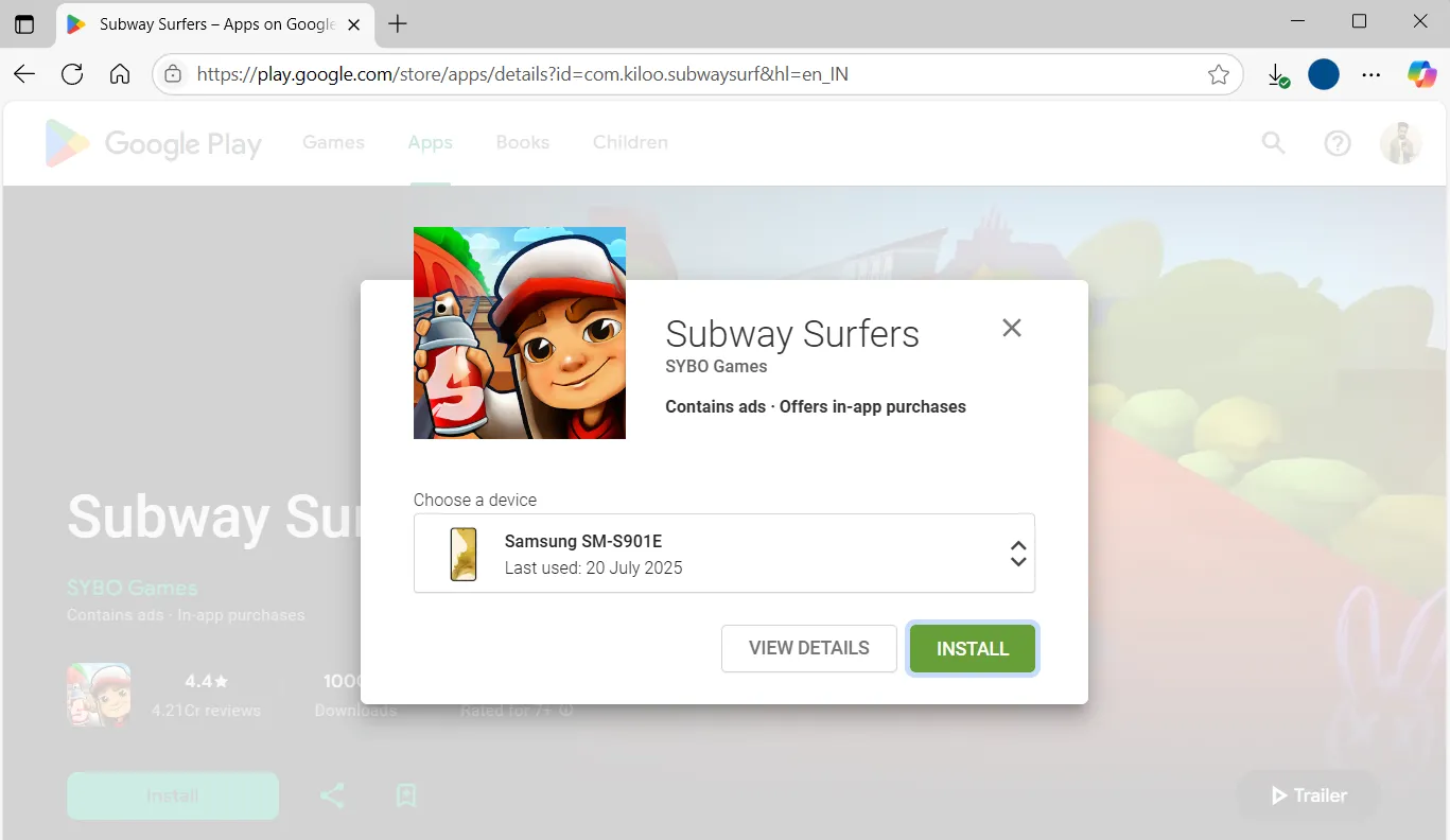Trang web Google Play Store trên máy tính hiển thị tùy chọn cài đặt trò chơi lên điện thoại