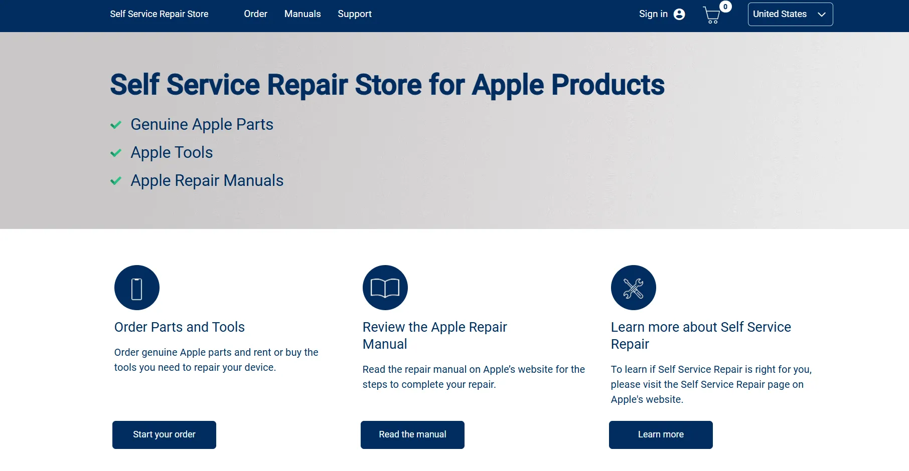 Trang web Self-Service Repair của Apple với các tùy chọn sửa chữa cho thiết bị công nghệ