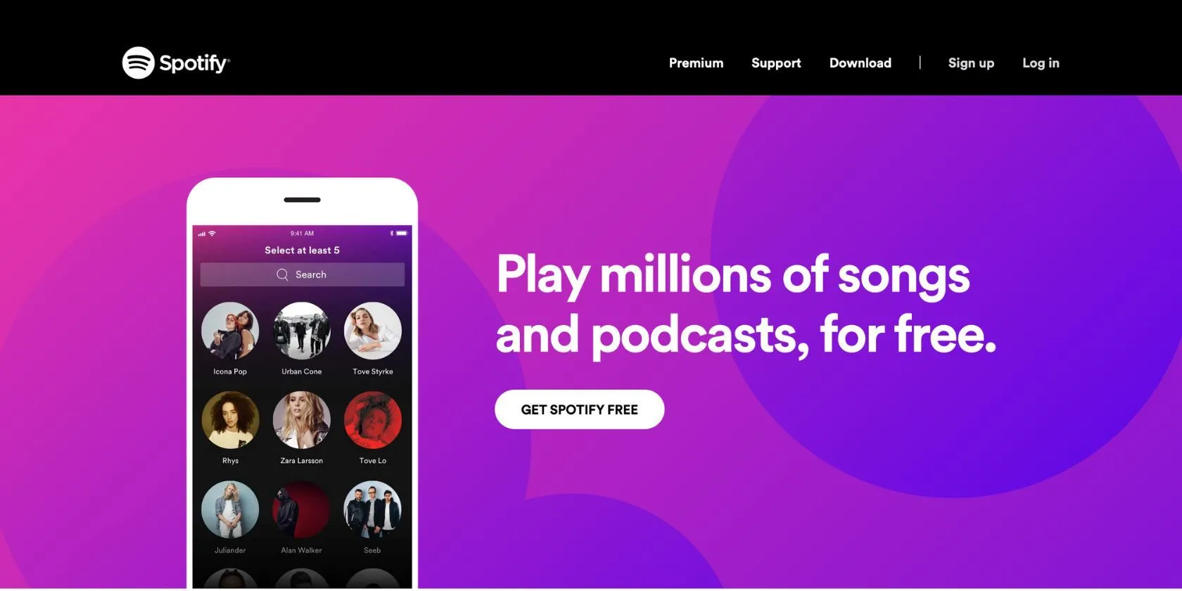 Trang web Spotify hiển thị các gói dịch vụ, bao gồm tùy chọn dùng thử Spotify Premium miễn phí.