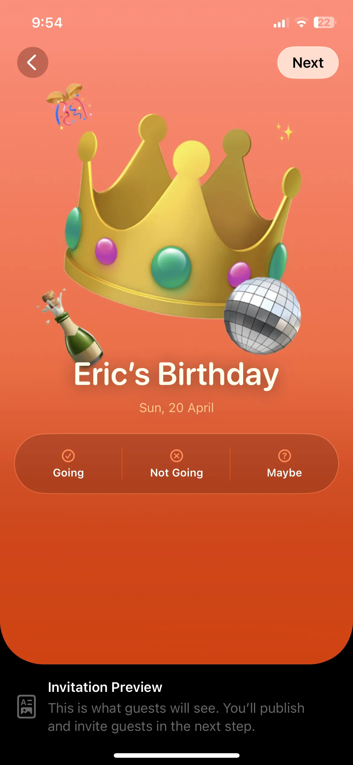 Trang xem trước một thiệp mời kỹ thuật số trong ứng dụng Apple Invites trên iPhone, hiển thị chi tiết sự kiện.