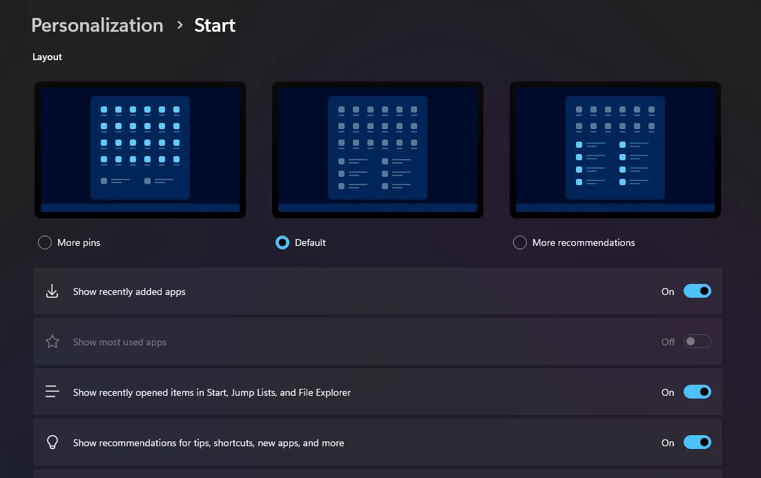 Tùy chỉnh các cài đặt nâng cao của Start Menu Windows 11