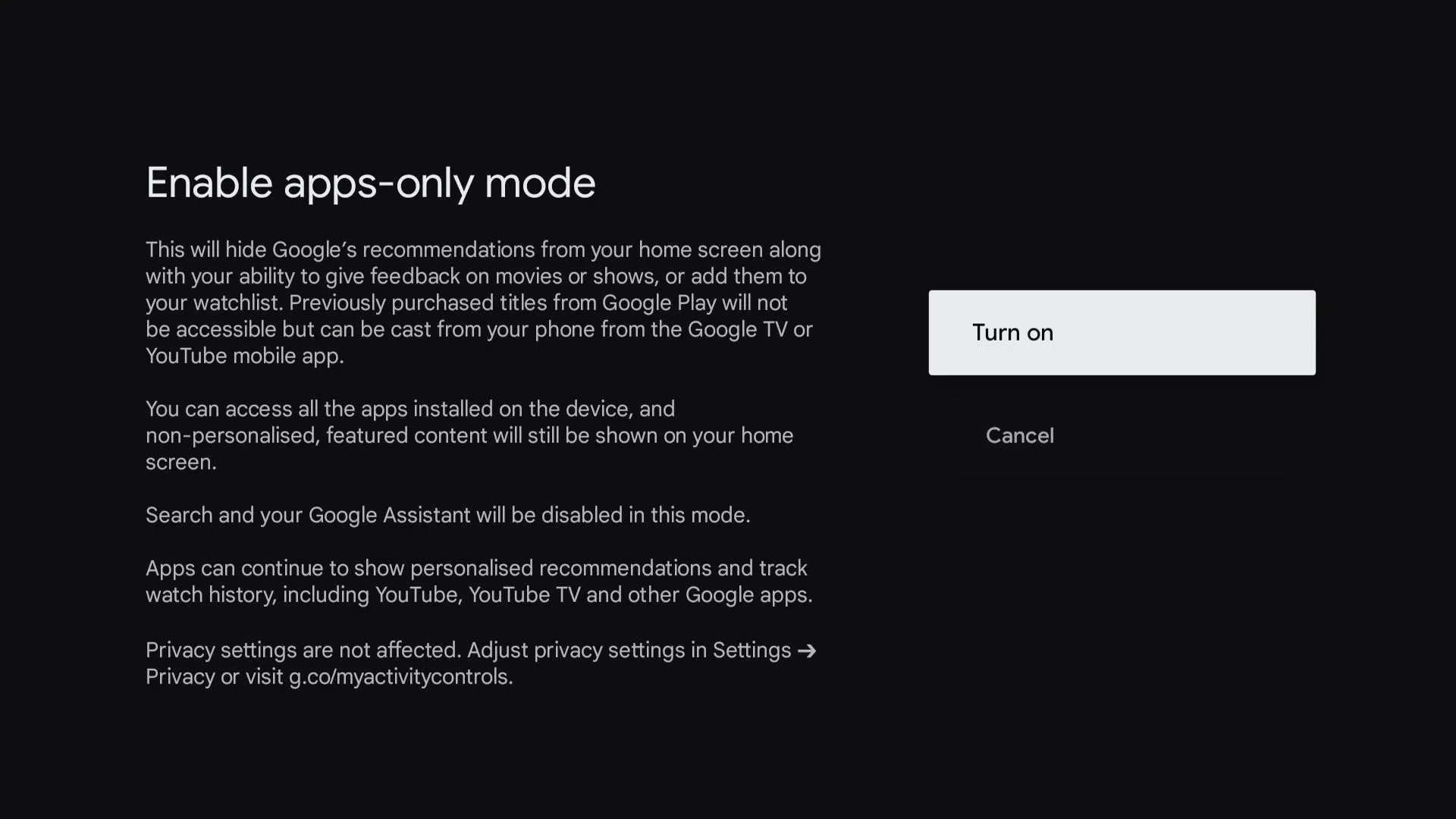Tùy chọn bật Chế độ chỉ ứng dụng (Apps Only Mode) trên Google TV để giảm tải và tăng tốc độ.