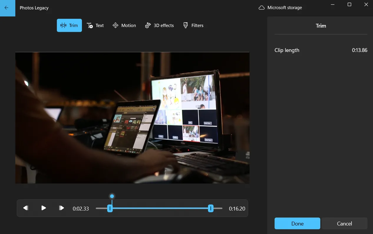 Tùy chọn cắt video (Trim) trong trình chỉnh sửa Photos Legacy