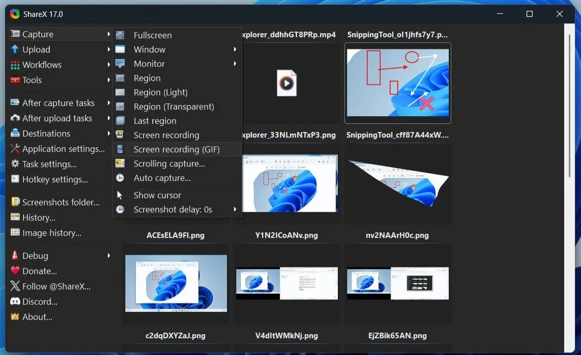 Tùy chọn chụp màn hình và ghi video đa dạng của ShareX trên Windows