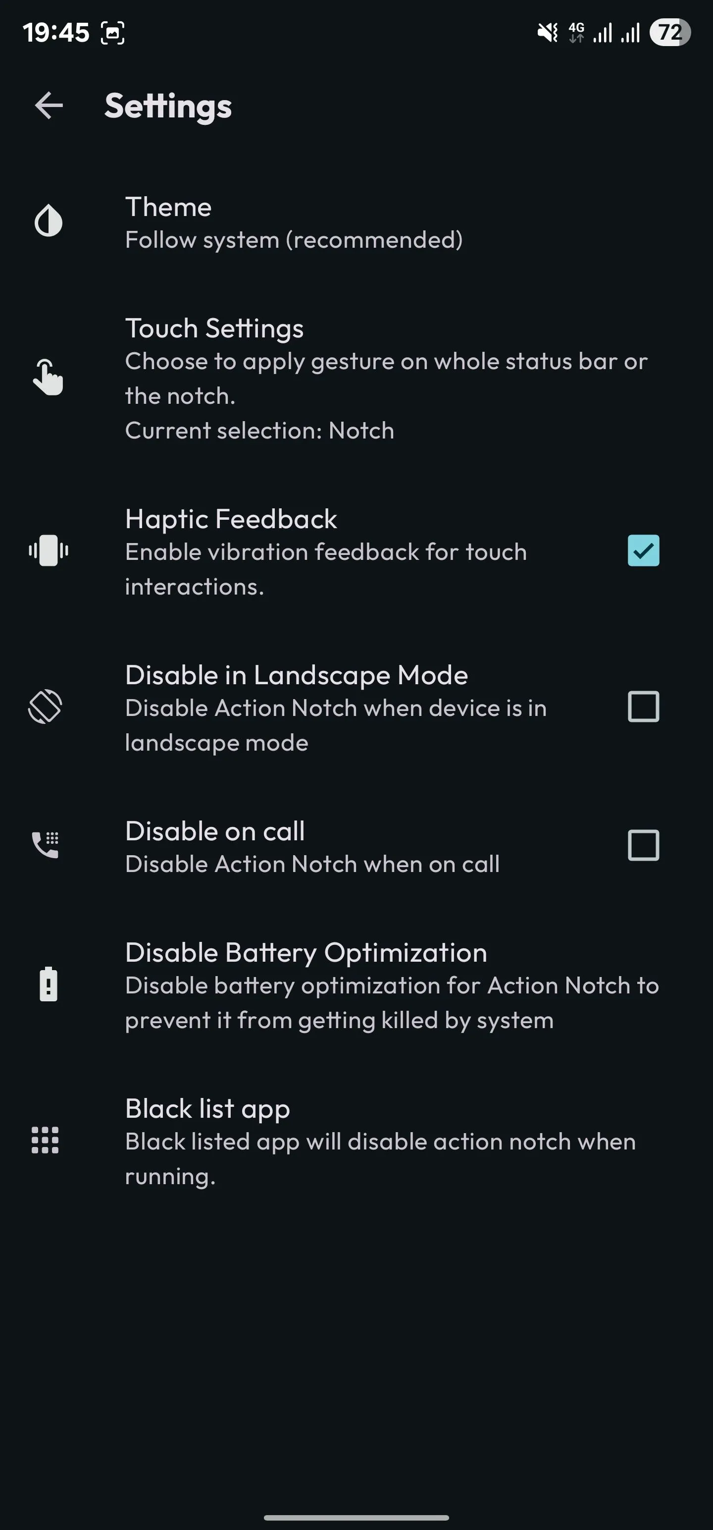 Tùy chọn Haptic Feedback được kích hoạt trong cài đặt Action Notch
