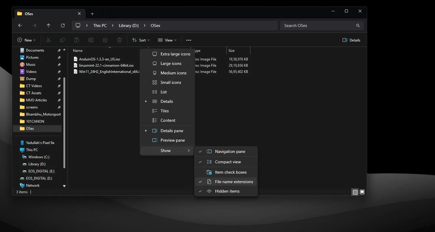 Tùy chọn hiển thị đuôi file trong File Explorer trên Windows 11