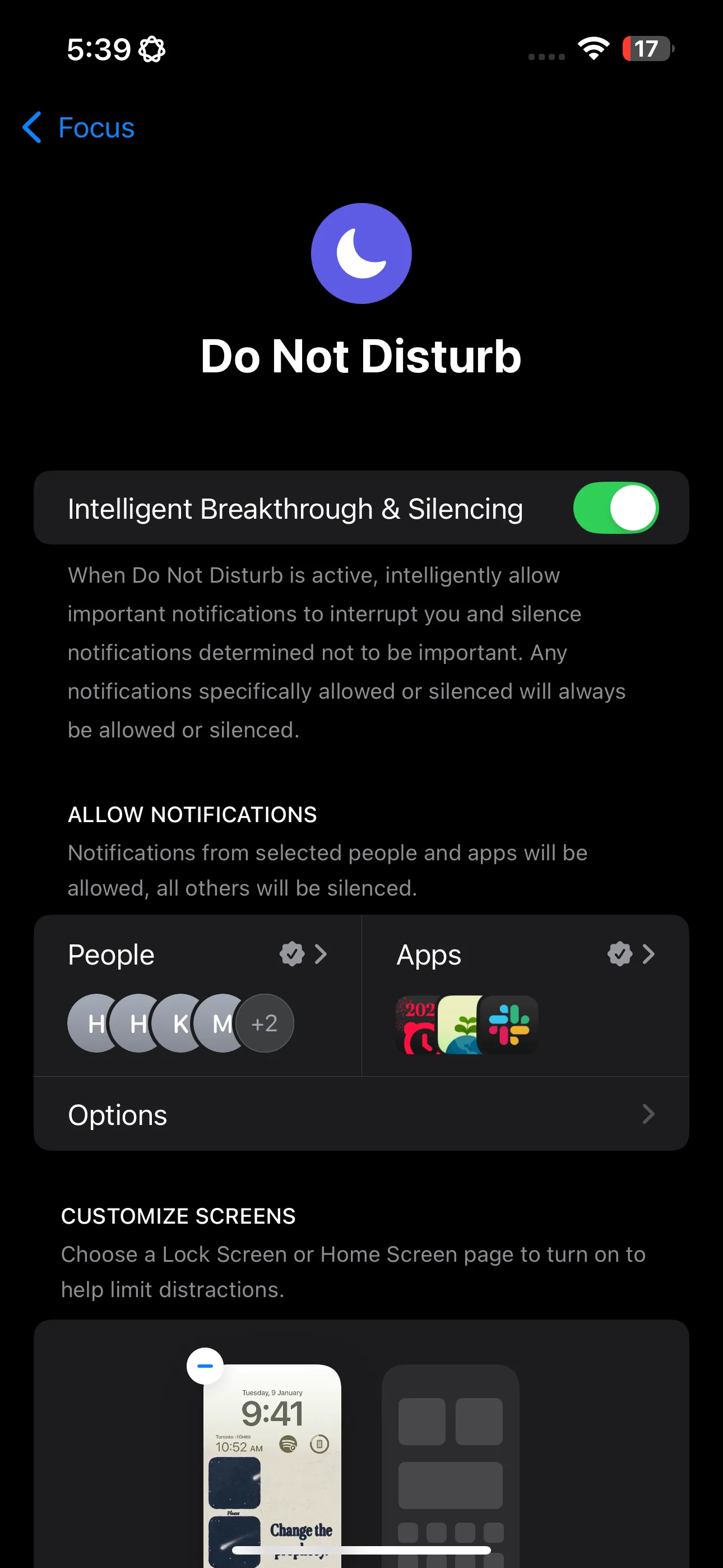 Tùy chọn &quot;Intelligence Breakthrough &amp; Silencing&quot; trong cài đặt chế độ Tập trung tùy chỉnh trên iPhone