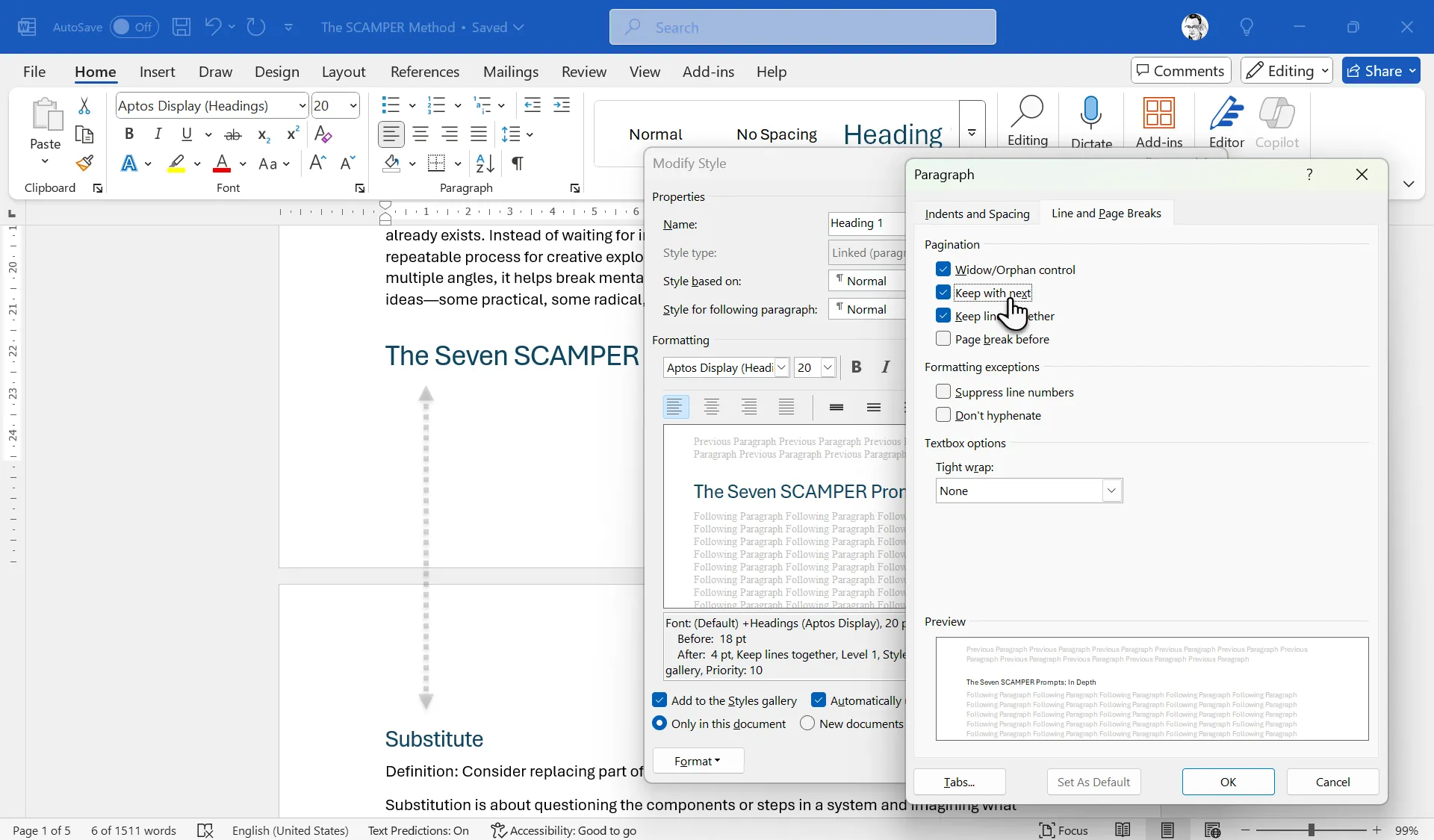 Tùy chọn Keep With Next trong cài đặt định dạng đoạn văn của Microsoft Word để tránh ngắt trang đột ngột.