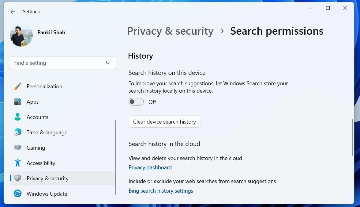 Tùy chọn lịch sử tìm kiếm trong cài đặt Windows 11