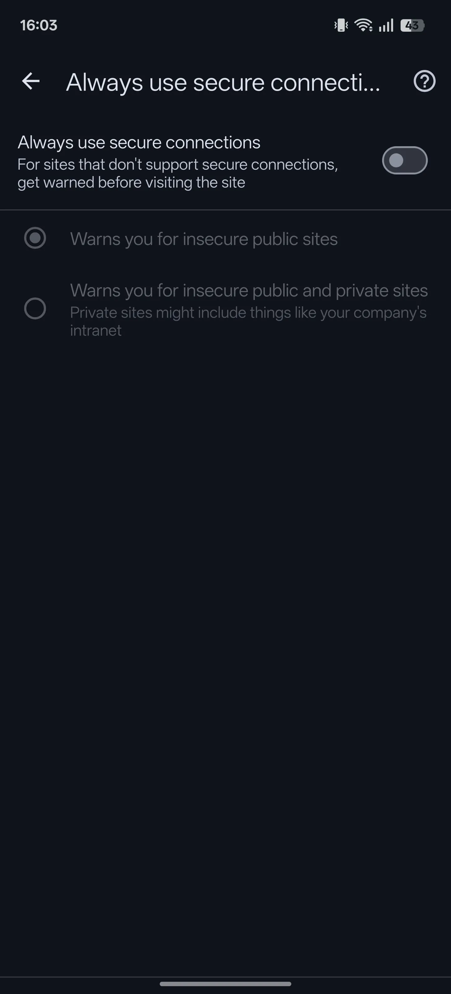 Tùy chọn &quot;Luôn sử dụng kết nối an toàn&quot; đang tắt trong cài đặt Chrome trên Android, cần được bật để duyệt web an toàn hơn.