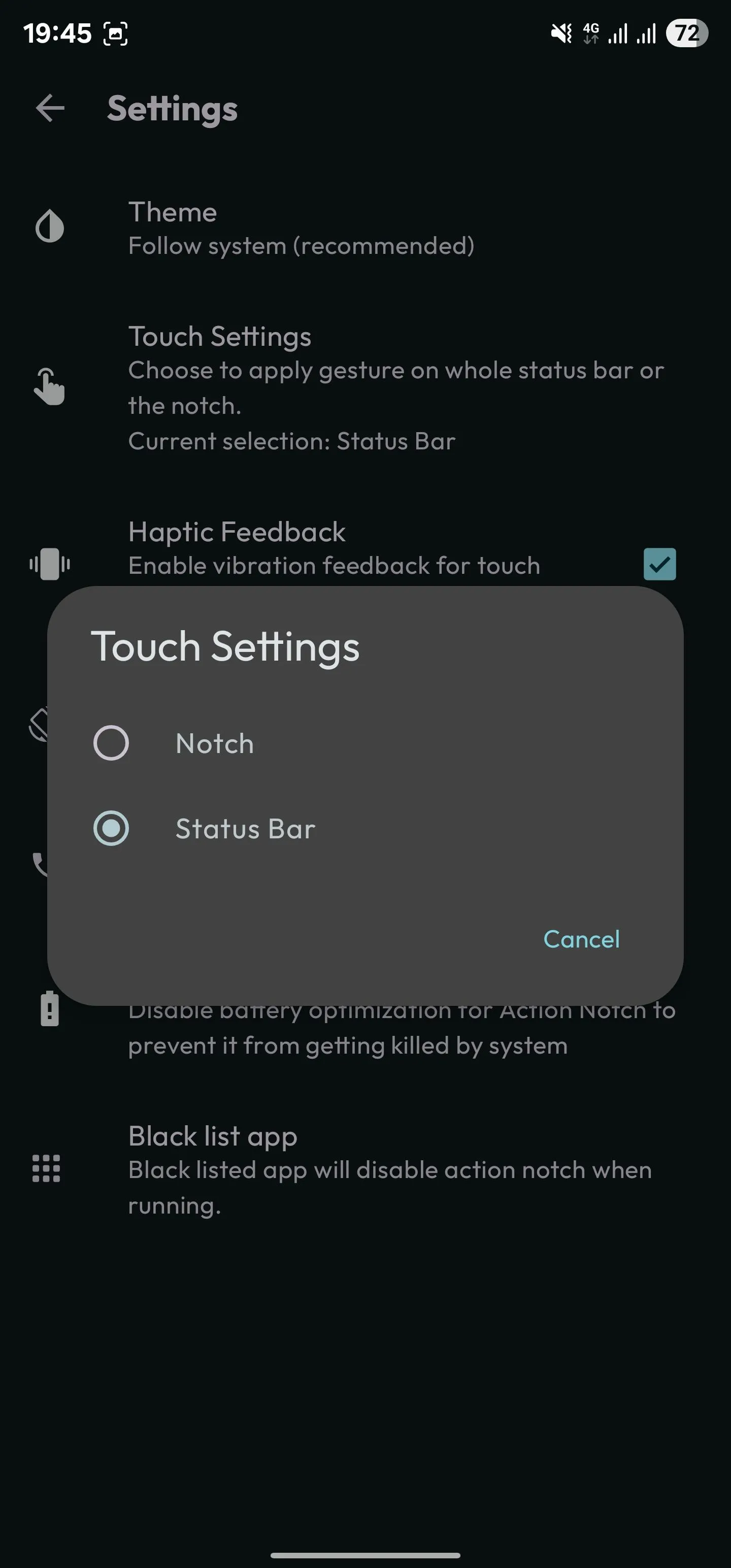 Tùy chọn mở rộng vùng tương tác Action Notch ra toàn bộ thanh trạng thái