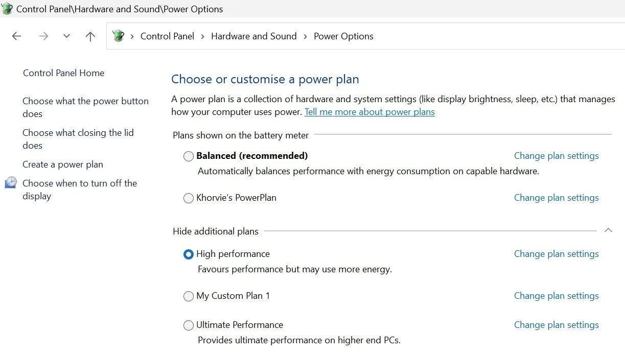 Tùy chọn nguồn trong Control Panel của Windows, chọn chế độ &quot;High Performance&quot; để nâng cao hiệu suất máy tính.