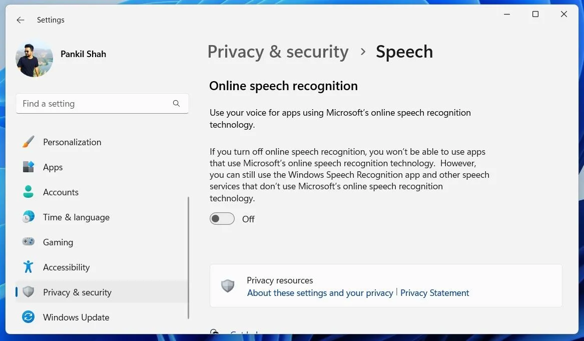 Tùy chọn nhận dạng giọng nói trực tuyến trong cài đặt Windows 11