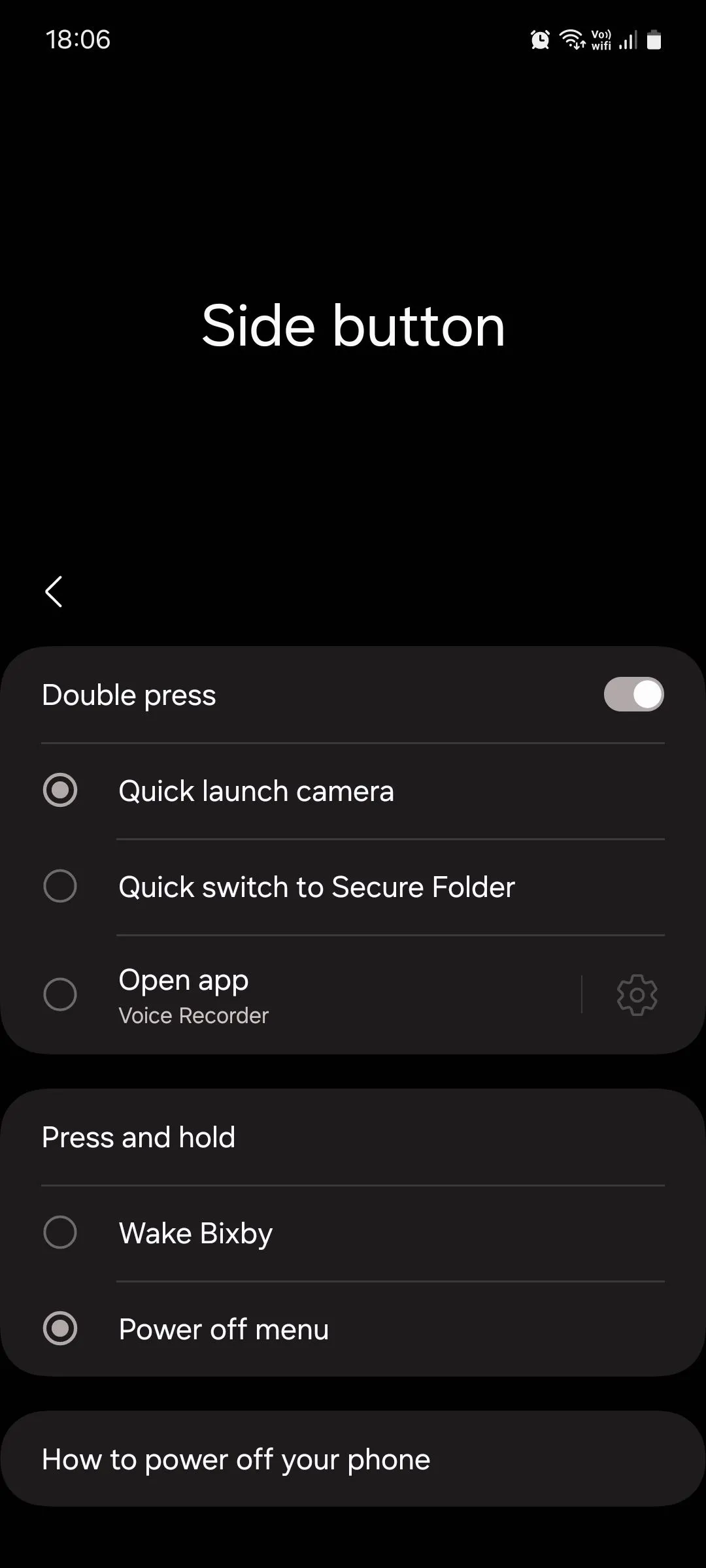 Tùy chọn nút cạnh trong cài đặt Samsung One UI