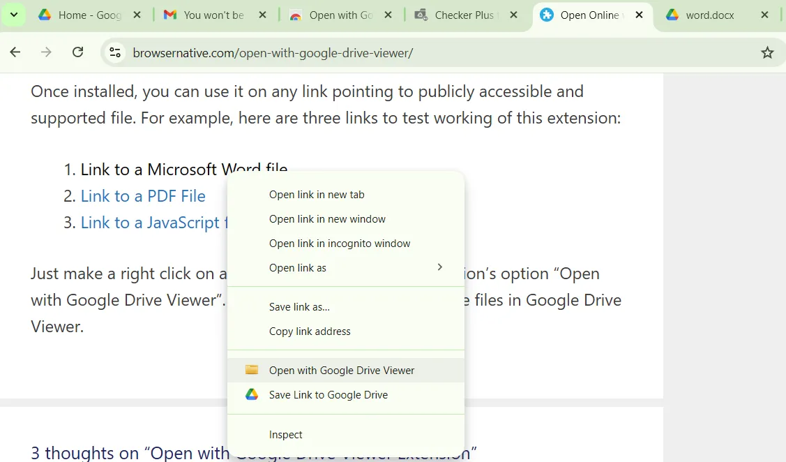 Tùy chọn Open with Google Drive Viewer trên menu chuột phải của Chrome