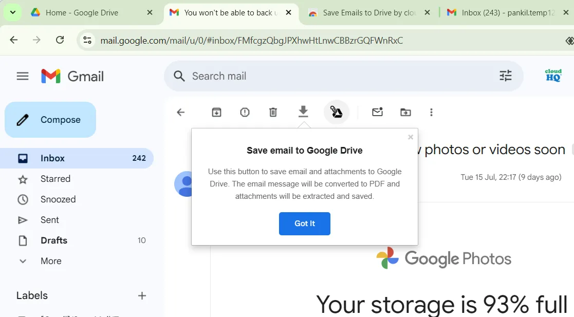 Tùy chọn Save emails to Google Drive trong giao diện Gmail