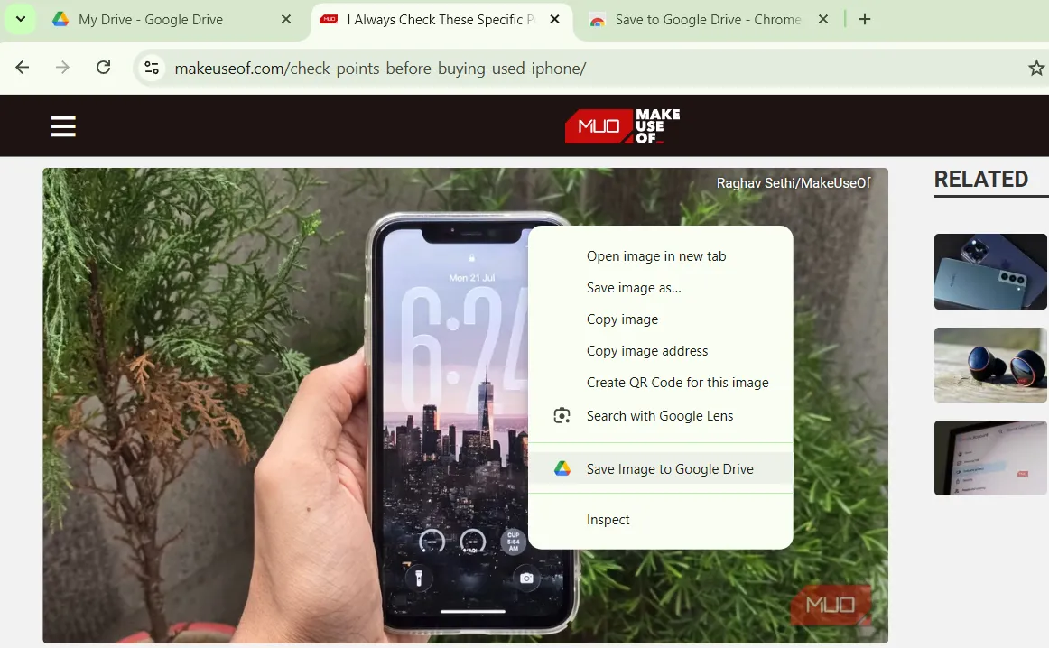 Tùy chọn Save to Google Drive trên menu chuột phải của Chrome