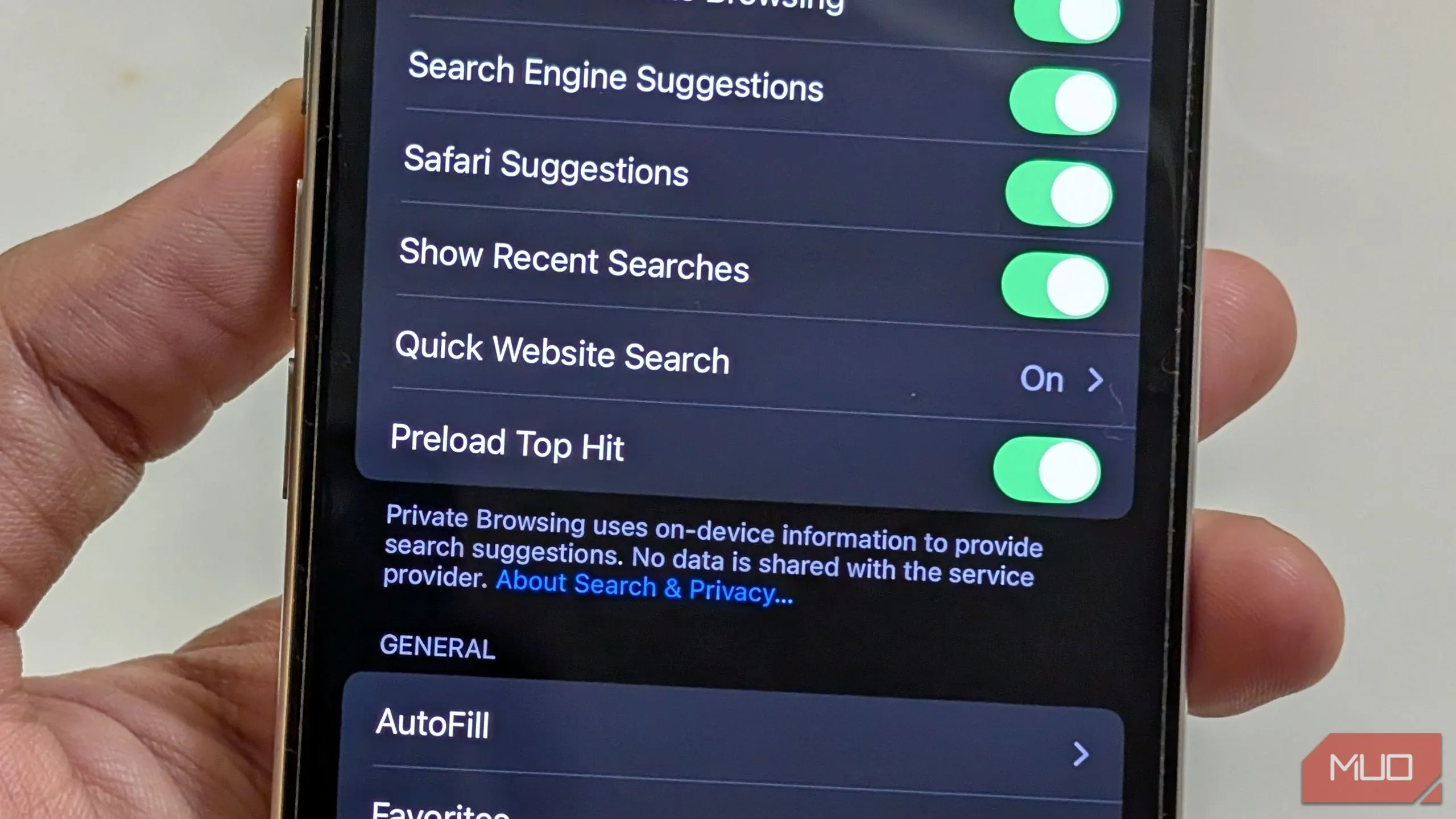 Tùy chọn tải trước kết quả tìm kiếm hàng đầu (Preload Top Hit) trong cài đặt Safari iOS