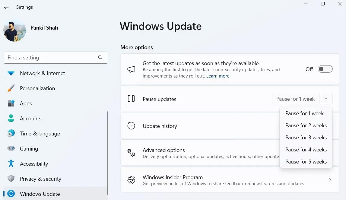Tùy chọn tạm dừng cập nhật Windows 11 trong ứng dụng Cài đặt hệ thống