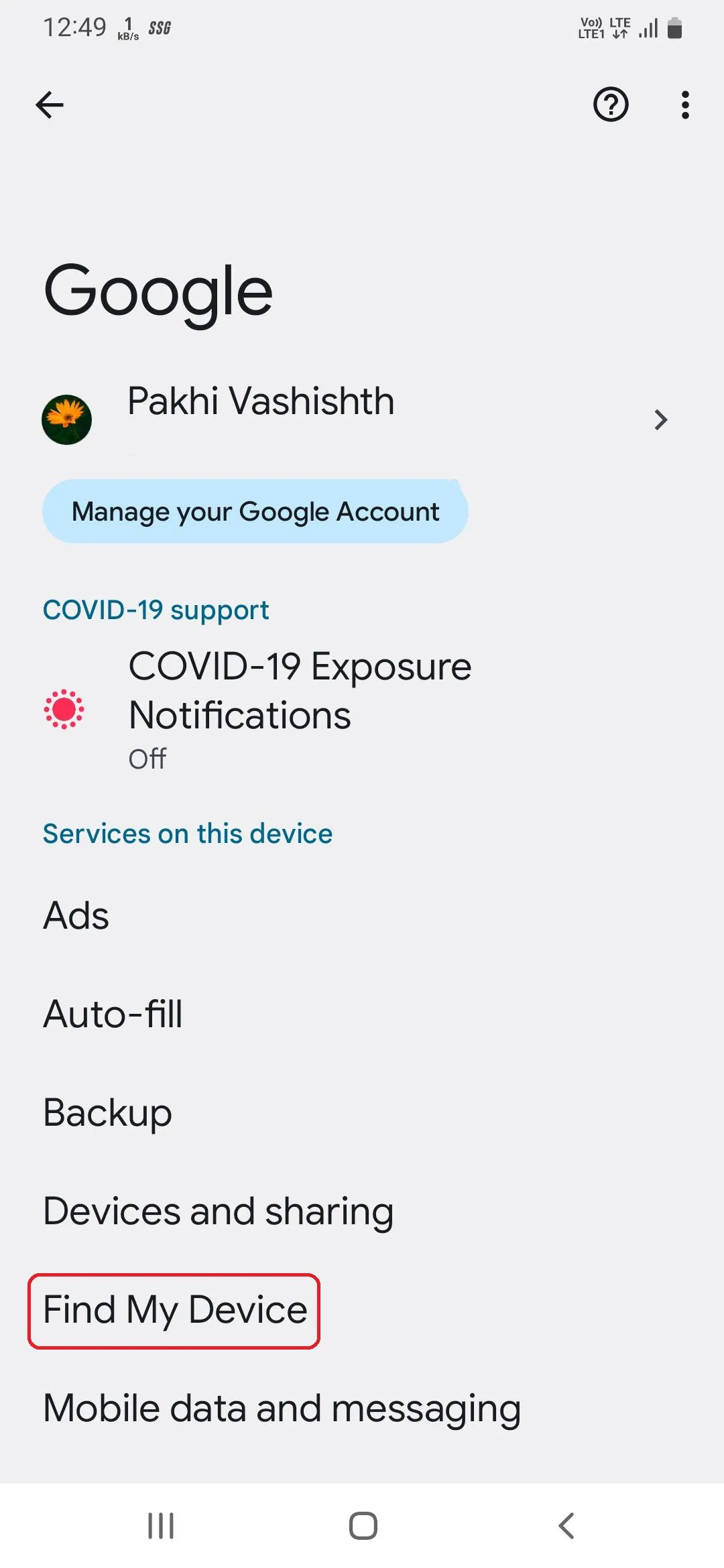 Tùy chọn Tìm Thiết Bị trong cài đặt Google