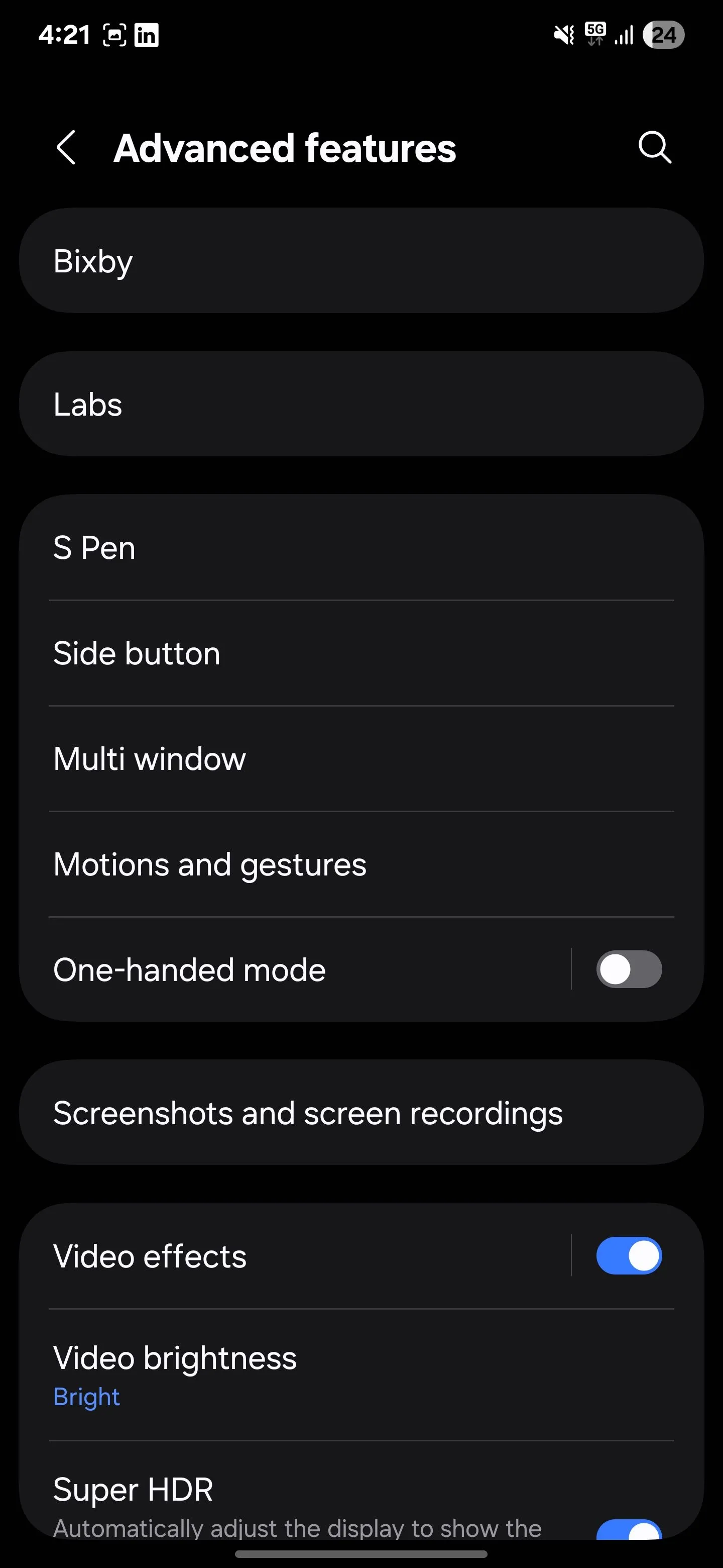 Tùy chọn Tính năng nâng cao (Advanced features) trong cài đặt Samsung