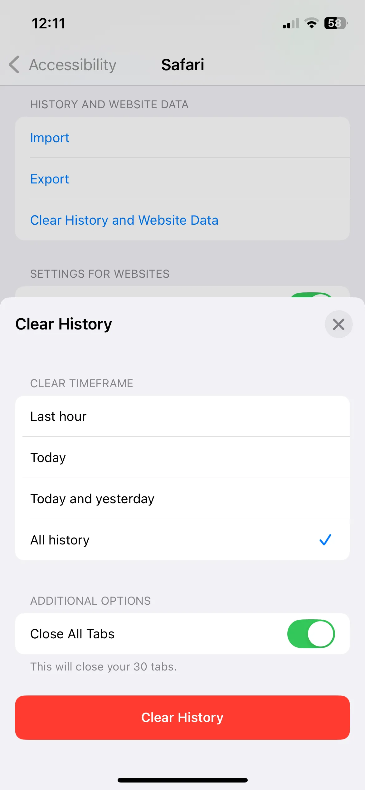 Tùy chọn Xóa Lịch sử và Dữ liệu Trang web trong cài đặt Safari trên iPhone