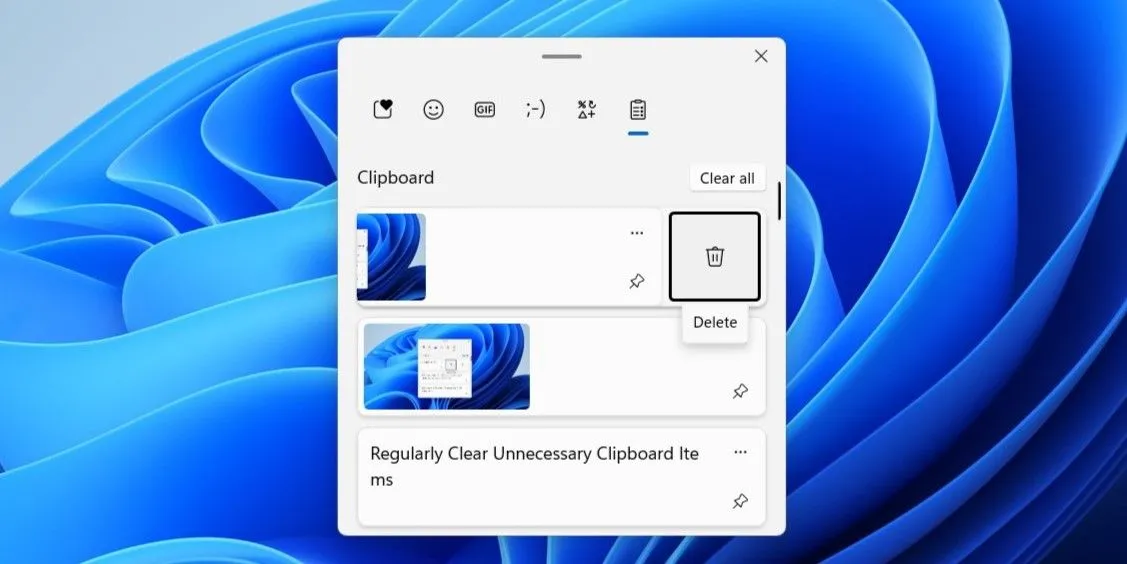 Tùy chọn xóa mục và xóa tất cả trong ứng dụng Clipboard Windows