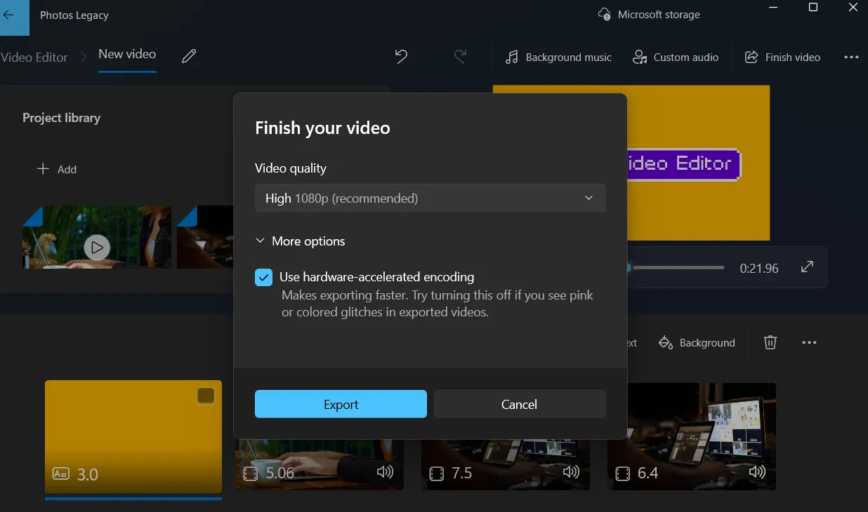 Tùy chọn xuất video hoàn thiện từ Photos Legacy Windows 11