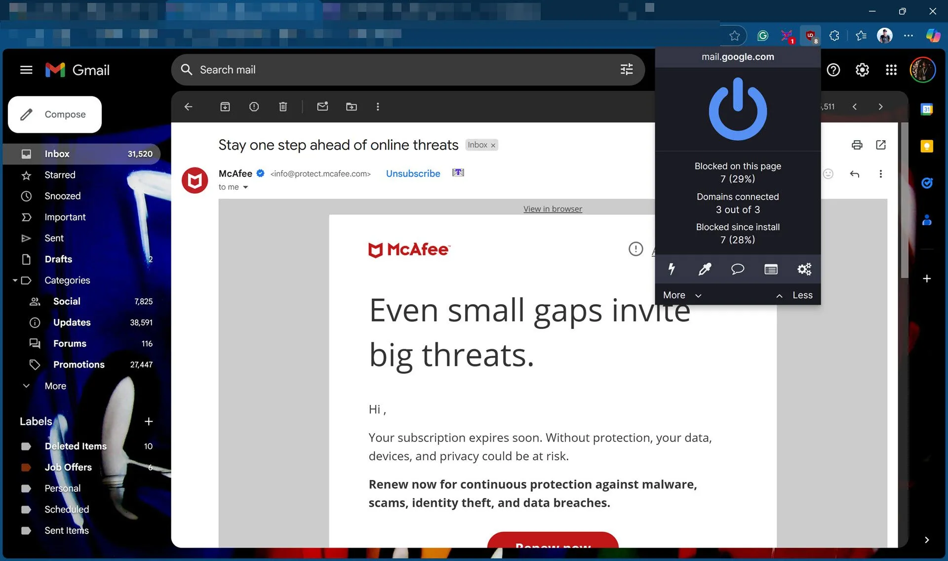 uBlock Origin đang hoạt động, chặn các phần tử theo dõi trong email