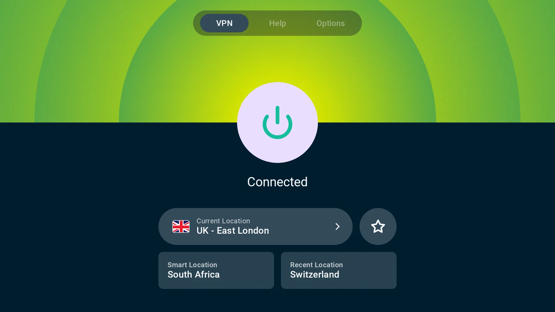 Ứng dụng ExpressVPN hiển thị trạng thái đã kết nối trên giao diện TV thông minh.