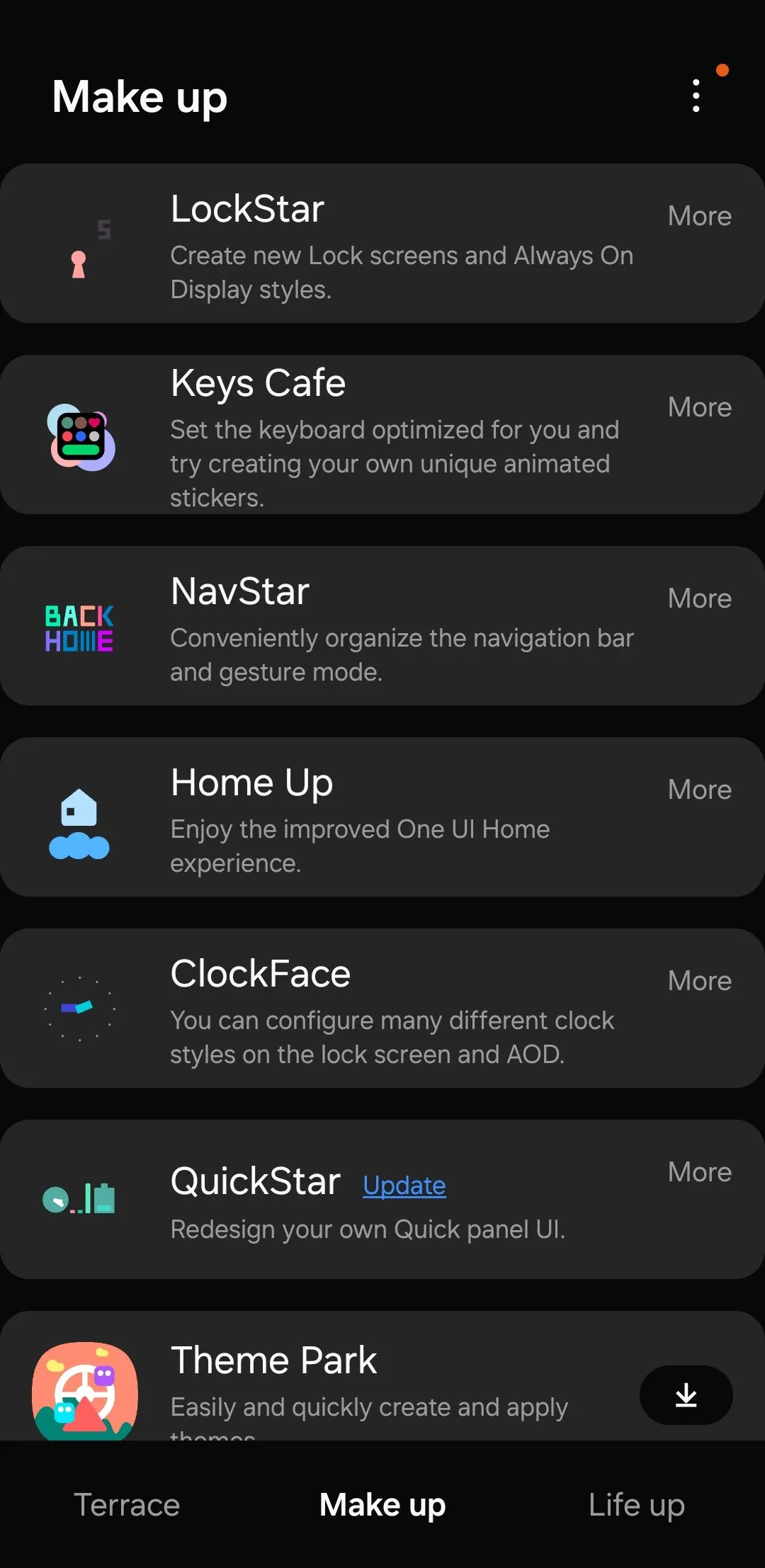Ứng dụng Good Lock trên điện thoại Samsung hiển thị danh sách các mô-đun tùy biến