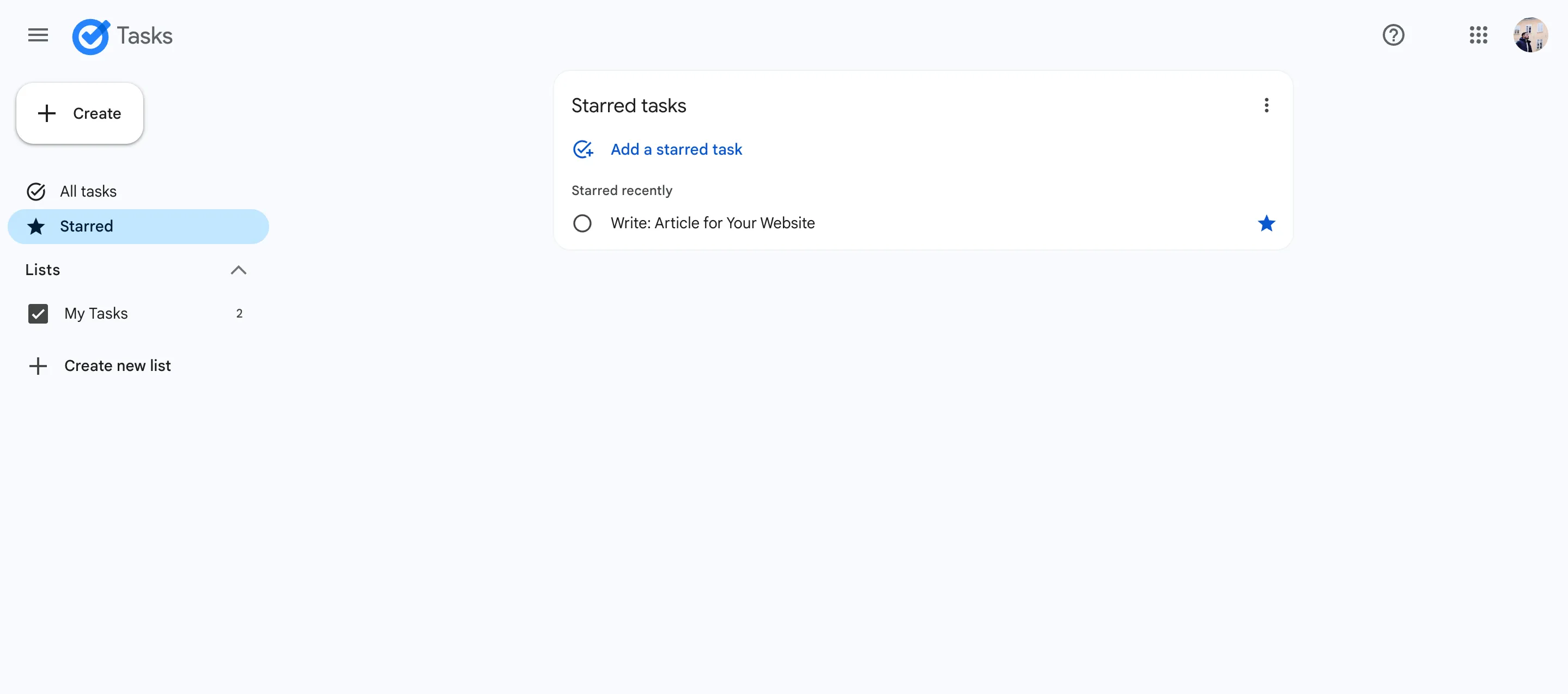 Ứng dụng Google Tasks hiển thị danh sách công việc đã được đánh dấu sao (Starred) để ưu tiên
