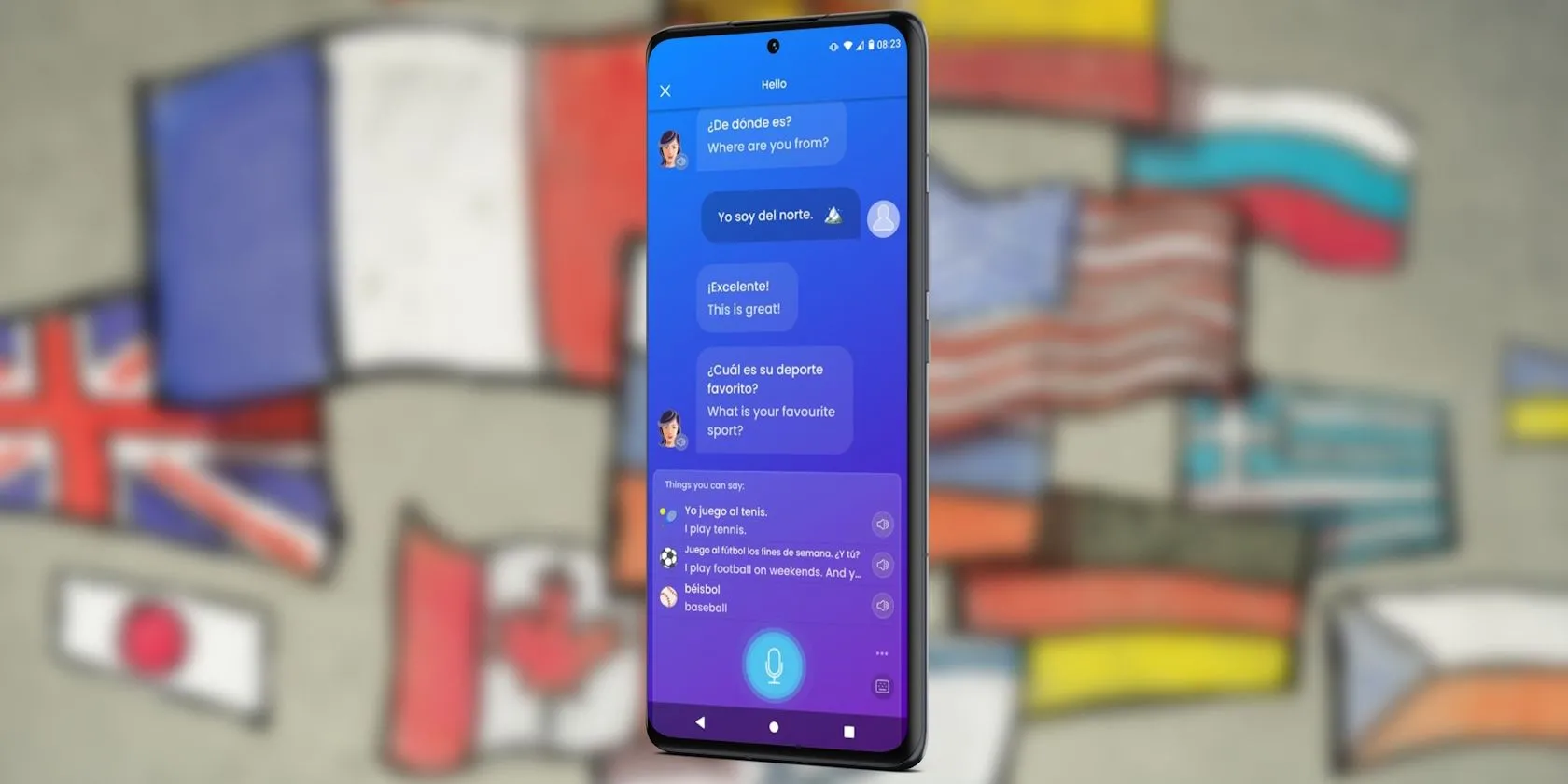 Ứng dụng học ngôn ngữ Duolingo trên điện thoại Android với các lá cờ quốc gia