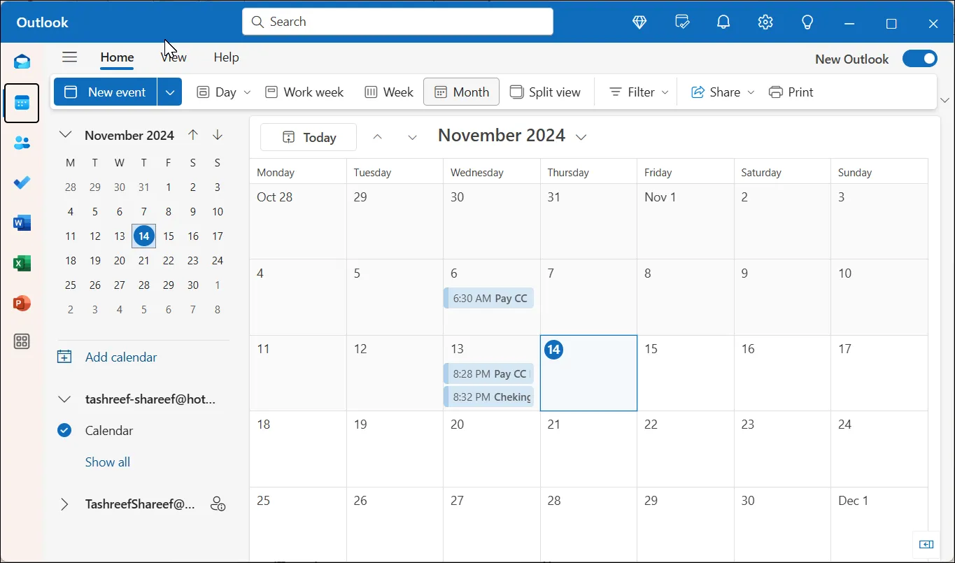 Ứng dụng Lịch trong Outlook của Windows 11 hiển thị các cuộc hẹn và lời nhắc