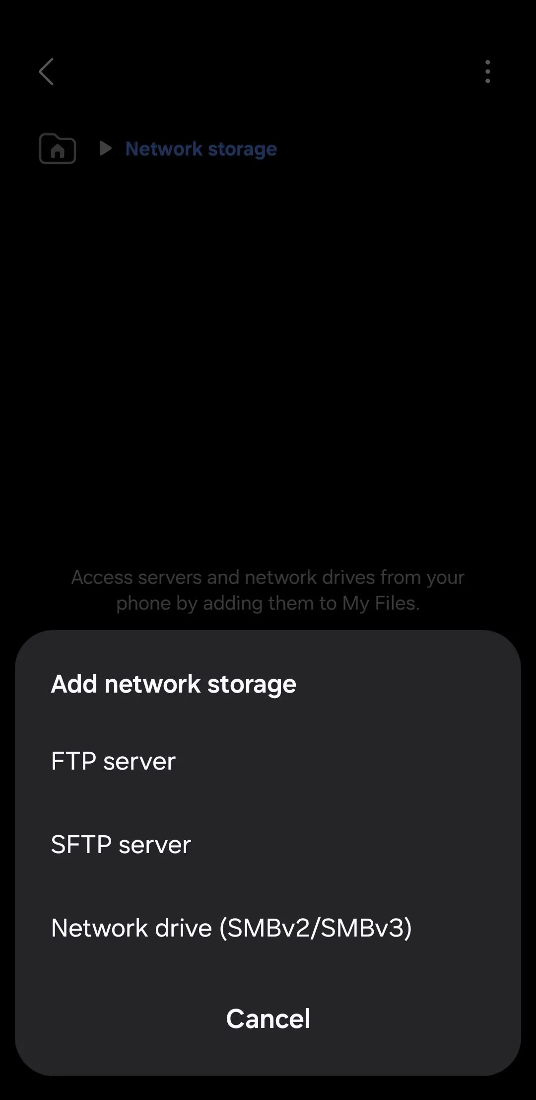 Ứng dụng Samsung Files hiển thị các tùy chọn để thêm bộ nhớ mạng