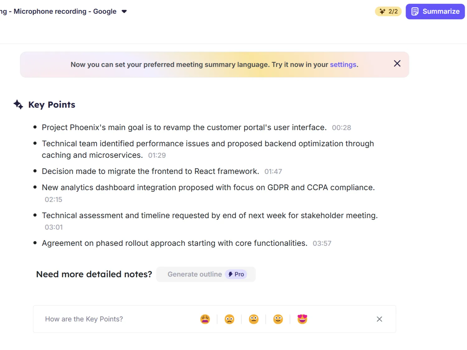 Ứng dụng web Krisp hiển thị tóm tắt cuộc họp với các điểm chính