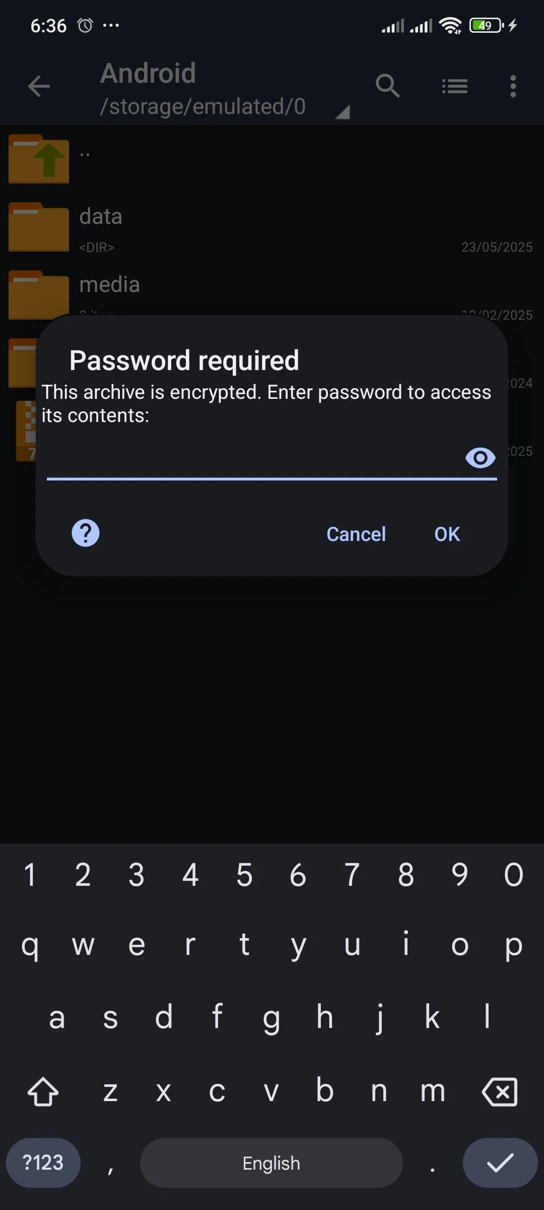 Ứng dụng ZArchiver trên Android yêu cầu mật khẩu để giải nén file mã hóa
