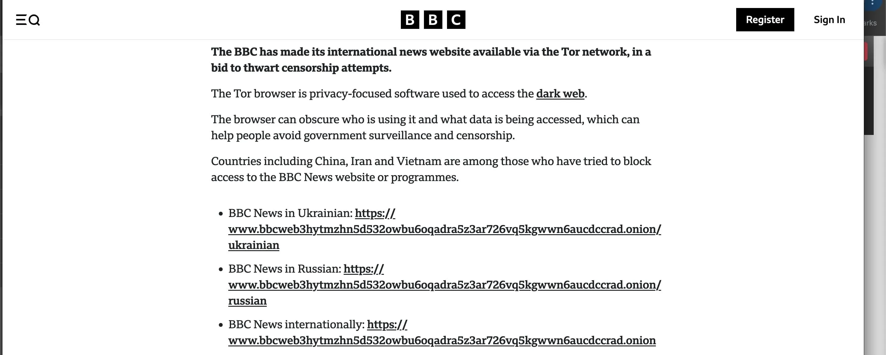 Ví dụ bài viết của BBC liệt kê địa chỉ .onion chính thức, giúp người dùng xác minh tính hợp pháp của trang Dark Web.