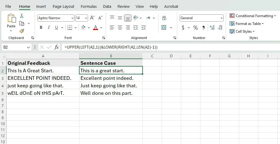 Ví dụ chuyển đổi văn bản sang chữ hoa đầu câu (sentence case) bằng công thức phức tạp trong Excel.