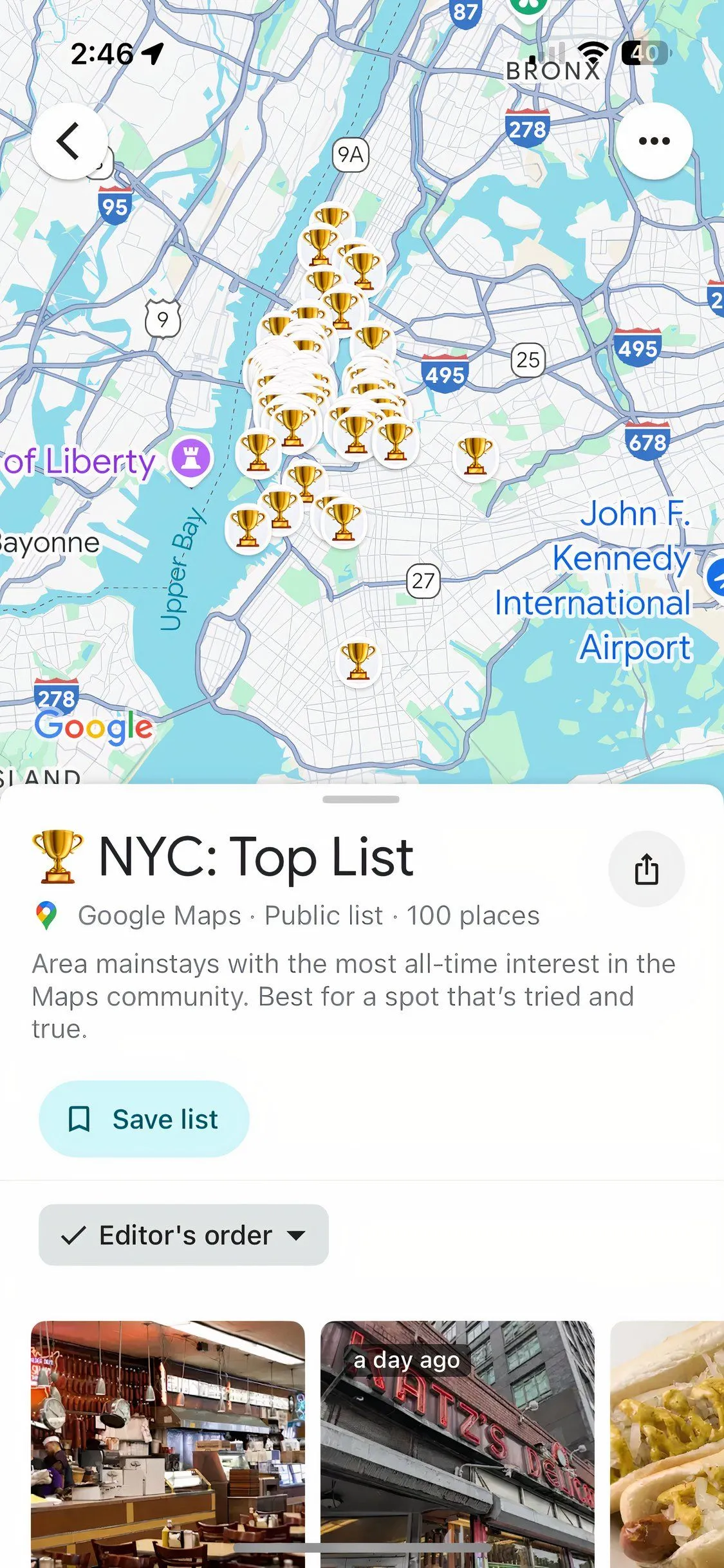 Ví dụ danh sách địa điểm nổi bật trên Google Maps tại NYC